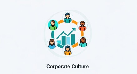 A group of people connected by a circular network, with a bar graph and a rising arrow inside the circle, set against a white background.