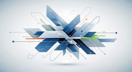 A blue and white abstract geometric design with a futuristic, tech-inspired theme, featuring angular shapes and lines against a neutral background.