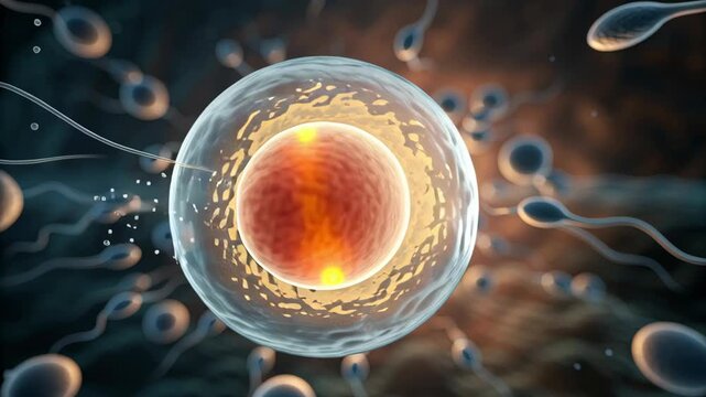 Embryo and Sperm concept ,Fertilization sperm cell approaching egg cell conception reproductive process microscopic view biology science human life