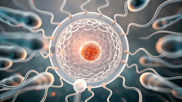 Embryo and Sperm concept ,Fertilization process with sperm cell and ovum, egg cell reproductive biology, microscopic science, medical conception