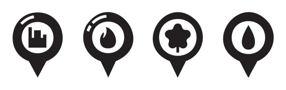 Four black map pin icons representing urban development, energy, nature, and water resources for location-based services and environmental data visualization.