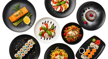 Assorted sushi and noodle dishes displayed on black plates in a culinary png image