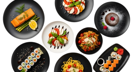 Assorted sushi and noodle dishes displayed on black plates in a culinary png image
