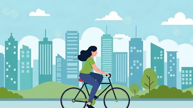 Woman cycling through a green city park with skyscrapers in the background.