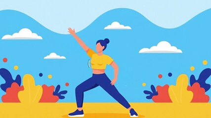 Woman practicing yoga outdoors on a sunny day with clouds.