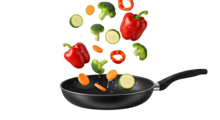 Vegetables flying into a black pan, captured in a dynamic png image from a high angle viewpoint
