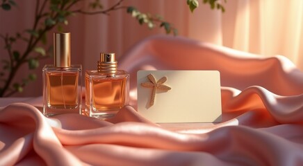 Two perfume bottles with a card on a pink cloth gift card concept