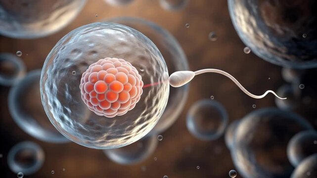 Embryo and Sperm concept ,Fertilization sperm cell approaching egg cell human reproduction microscopic biology science medical life health conception