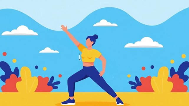 Woman practicing yoga outdoors on a sunny day with clouds.