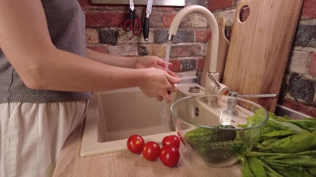 Washing Fresh and Colorful Vegetables at Your Kitchen Sink for Cooking
