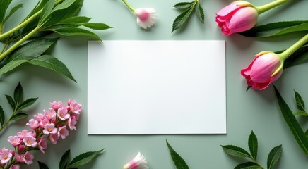 White sheet of paper surrounded by pink flowers copy space mockup