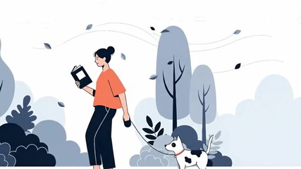 Woman Walking Dog in Park Reading Book Autumn Leaves Falling.