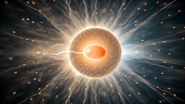 Embryo and Sperm concept ,Fertilization sperm cell approaching egg cell conception reproduction microscopic biology glowing energy dynamic movement