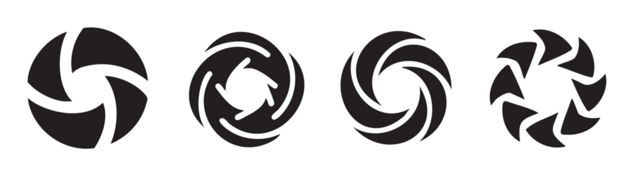 Camera aperture icons set featuring various abstract geometric shapes representing photographic lens shutters and optical elements.