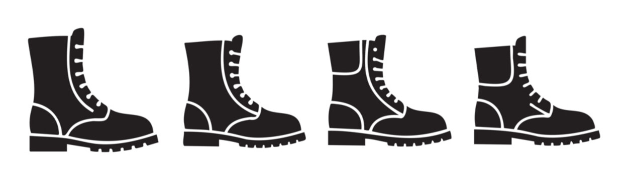 Four black combat boots vector icons showcasing various styles of sturdy footwear for military, work, or fashion purposes, presented as a collection of graphic elements.