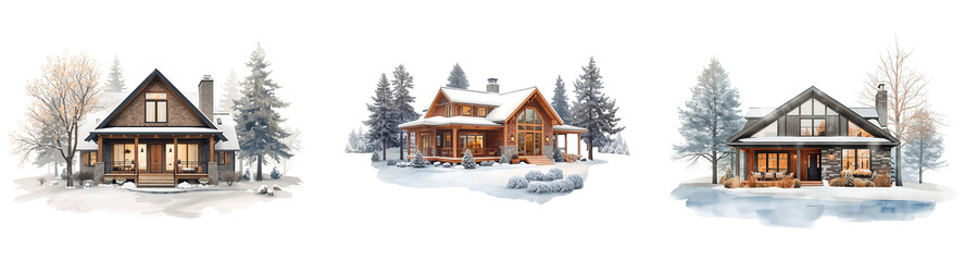 Country house on a clearing with trees watercolor illustration isolated on transparent background