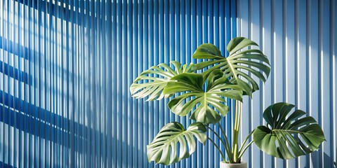 Green palm with reeded glass. White Reeded Glass. Beautiful summer decor with luxury concept. Plant leaves. Abstract background with refreshing gradient for spa style design. Ribbed Background.
