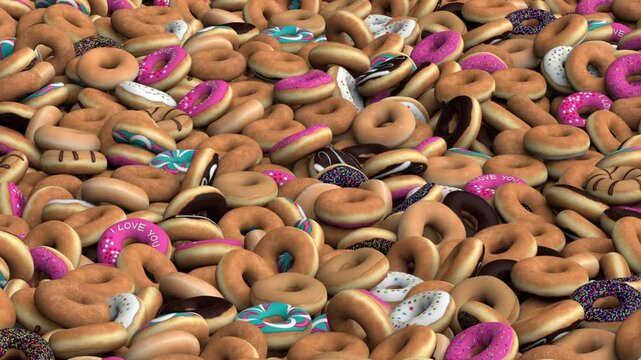 Flying over the donuts pile &ndash; 3d render looped.