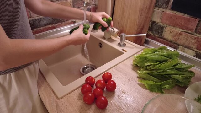 Washing Fresh and Colorful Vegetables at Your Kitchen Sink for Cooking