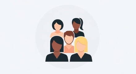 A group of five women, diverse in ethnicity, standing together in a circle, with a white background.