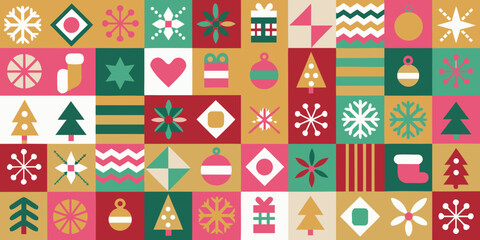 A colorful patchwork of festive holiday symbols and geometric patterns