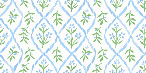A repeating pattern of blue diamonds and green floral elements on white © BelaRani