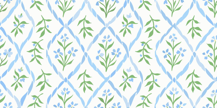 A repeating pattern of blue diamonds and green floral elements on white