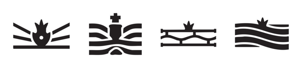 Fototapeta premium Abstract graphic symbols representing diverse concepts like growth, structure, nature, and connection, rendered in a clean, modern, minimalist black and white vector style.