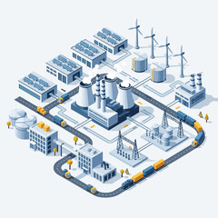 An isometric illustration of an integrated industrial energy grid with power plants, solar panels, wind turbines, factories, and transport infrastructure. © dawi wae
