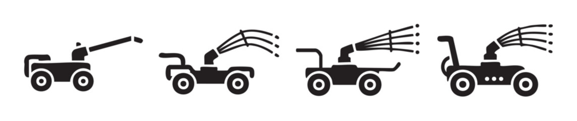 Obraz premium Automated water cannons and sprinklers are illustrated in a collection of four simple black silhouettes, showcasing various designs and spray patterns.