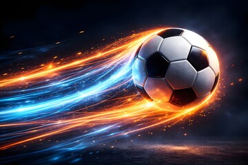 Fototapeta premium Football Moving Rapidly with Orange Blue Energy Trails on Black Background