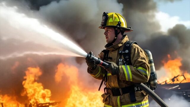 A firefighter sprays water from a hose at a raging fire, smoke billowing in the background