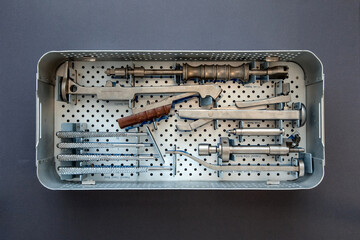 close up of lots of parts for transplantation of the joints of the leg