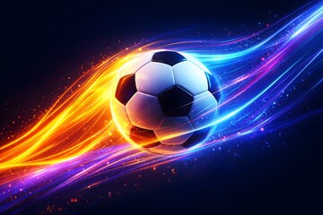 Naklejka premium Soccer Ball Surrounded by Dynamic Glowing Orange and Blue Light Trails on Dark Abstract Background Digital Art