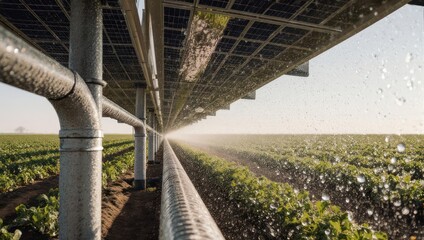 Solar Panels Over Agricultural Field with Irrigation System.