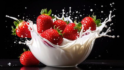 Fresh Ripe Red Strawberries Splash Into Creamy White Milk Creating Dynamic Motion in Studio Lighting Against a Dark Background