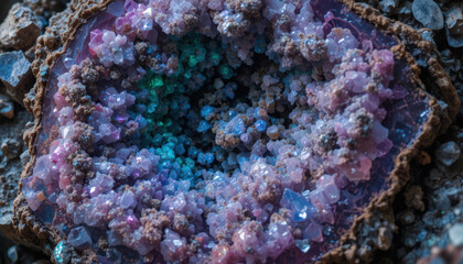 Fototapeta premium Exploring colorful geode crystal formation natural cavern macro photography mineral environment close-up view earth science