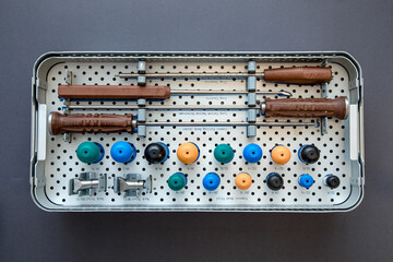 close up of lots of parts for transplantation of the joints of the leg