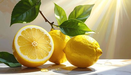 Fresh Ripe Yellow Lemons on a Branch with Green Leaves Bathed in Golden Sunlight With Lens Flare Effect
