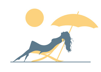 Relaxed Young Woman Sunbathing on Beach Lounger under Umbrella Silhouette