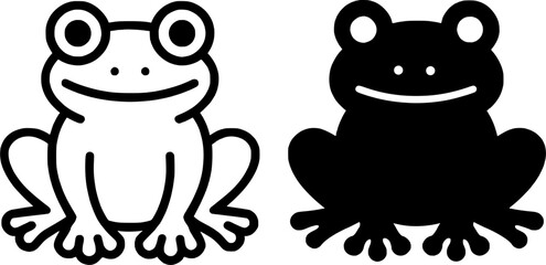 Frog illustration icon, black and white, outline and silhouette versions
