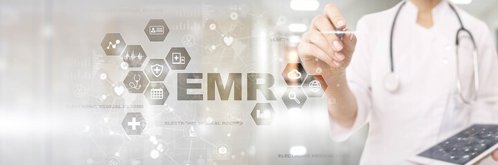 Obraz premium EMR Electronic Health Records and Medical Data Management Illustrated on a Virtual Screen.