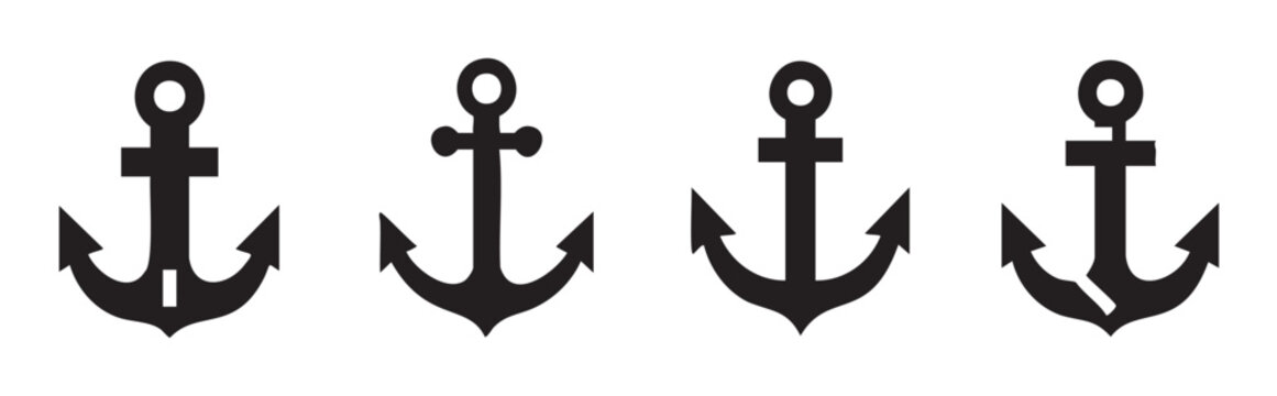 Four black anchors vector icons set of different shapes and styles representing maritime, nautical, and sailing themes for graphic design.