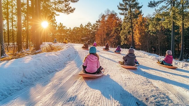 Kids enjoy a fun day sledding on a snowy hill surrounded by trees as the sun sets in the background