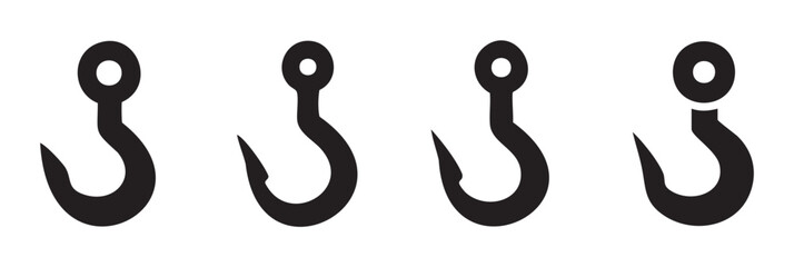 Naklejka premium Four black fishing hook icons in a row represent various concepts like fishing, connection, and security, suitable for graphic design elements.
