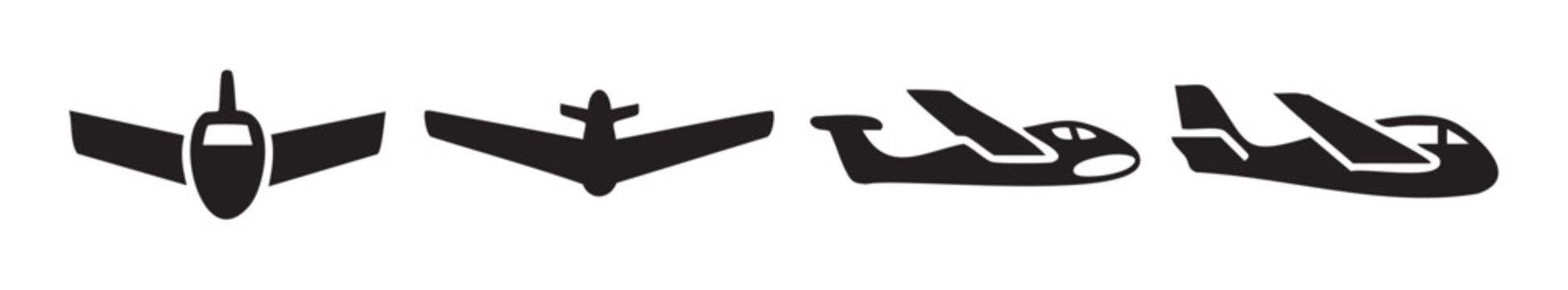 Four black silhouette airplanes representing various types of aviation transport and flight, suitable for icons or design elements.