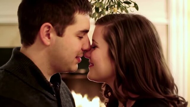 A close-up of a couple kissing under mistletoe