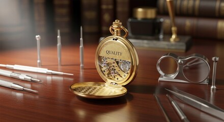 A gold-colored pocket watch with the word 'QUALITY' engraved on its face, placed on a wooden desk with various writing instruments and a magnifying glass, surrounded by books and a pen.