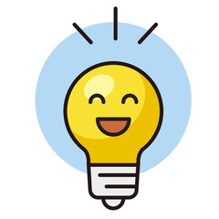 顔がある電球のイラスト。笑顔のランプ。アイディアを思いついたときの表情。Light bulb icon.
