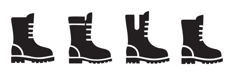 Four black silhouette icons of boots showcasing various styles of sturdy footwear, perfect for representing work, military, or outdoor adventure concepts in graphic design.